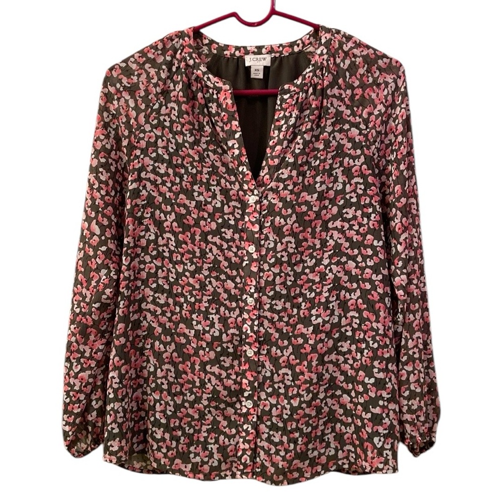 J Crew Blouse Olive Green with Floral Print of Pink White Black V Neck WM SZ XS